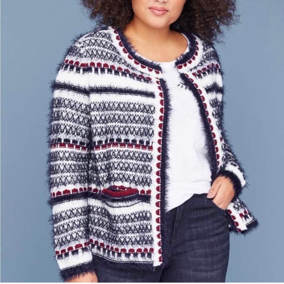 NWT Lane Bryant Eyelash Open Cardigan 22/24 Navy Cream Burgandy - Picture 1 of 7